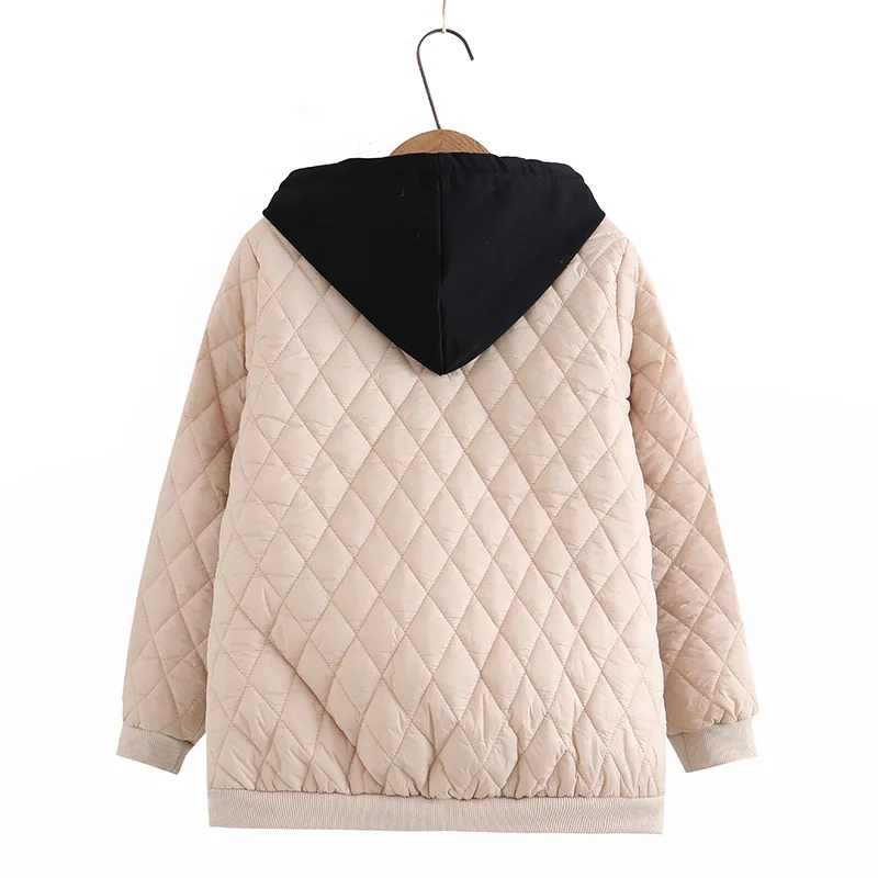 Autumn Winter Coat Women Cotton Padded Jacket New Contrast Hooded Long Sleeve Large Size Thin Cotton Clothes Female Outerwear