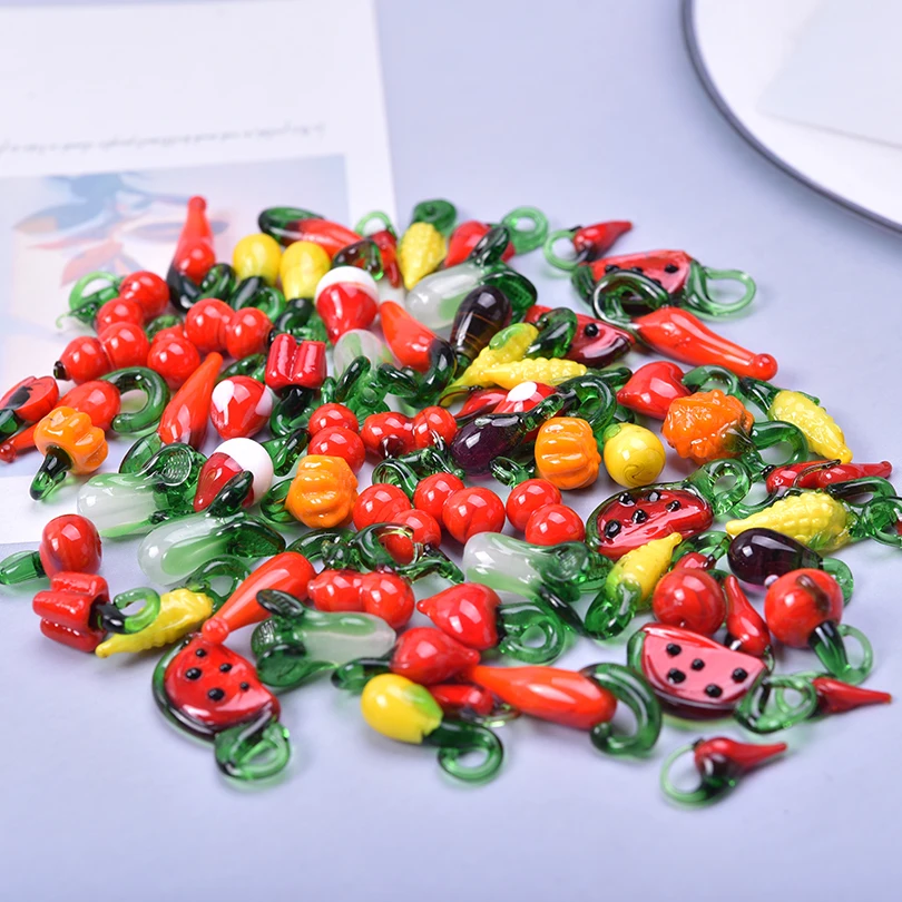 17pcs/Lot Glass New Vegetables Fruits Chili Peppers Watermelons Cabbage Charm Pendant 3D Handmade Glass Diy Necklace Accessories