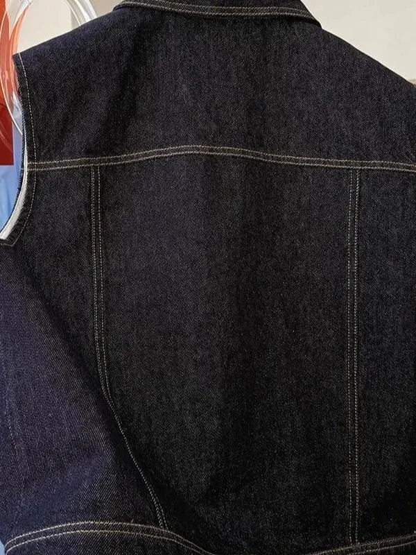 

Retro Pure Cotton Denim Vest Women's Svel Collar Loose Fit Jaet Sli oulder Pad Autumn New Arrival