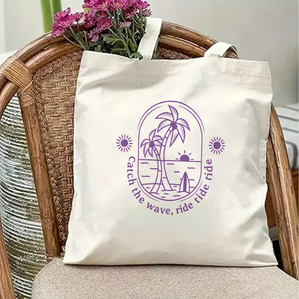

Vintage Catch The Wave Canvas Tote Bag Retro Purple Surfing Palm Tree Shoulder Handbag Shopping Grocery Vacation Book Bag