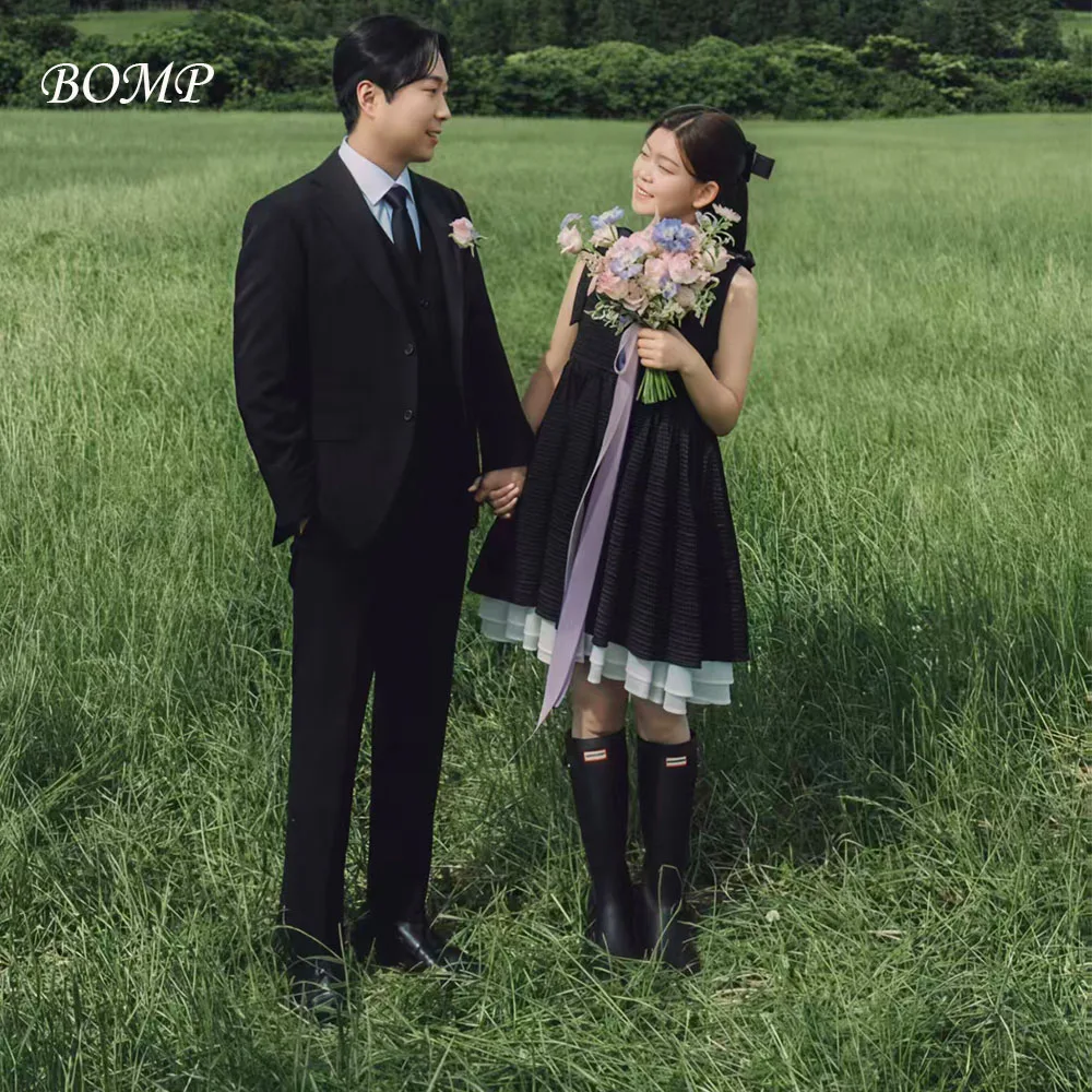 BOMP-vestido corto de fiesta de boda con contraste, tirantes finos, corte en A, satén negro, sesión de fotos de Corea, vestido de recepción nupcial personalizado Simple