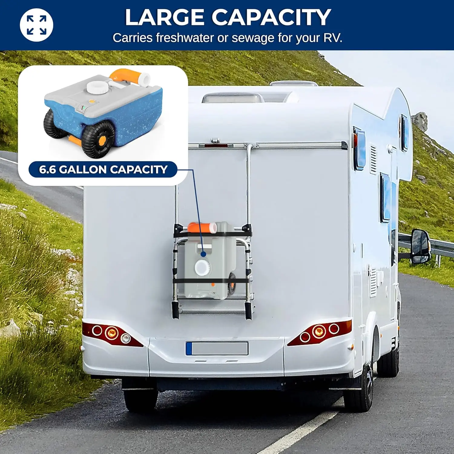 

25 Liter RV Portable Water Tank with Large Wheels for Easy Transport, Freshwater Sewage Storage, Easy to Clean and Use