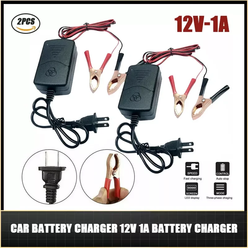 

2Pcs 12V Car Battery Charger 1A Lead-Acid With Indicator Light 14.4 Volt Dual Wire Alligator Clip Camping Auto Charging Socket