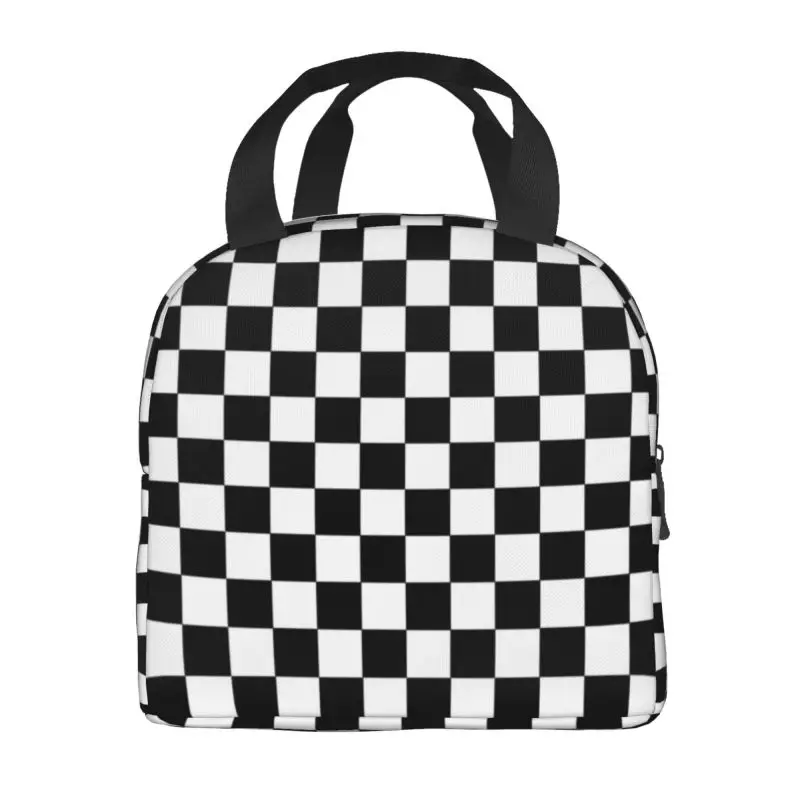 Black And White Checkered Insulated Lunch Tote Bag for Geometric Checkerboard Resuable Cooler Thermal Bento Box Camping Travel