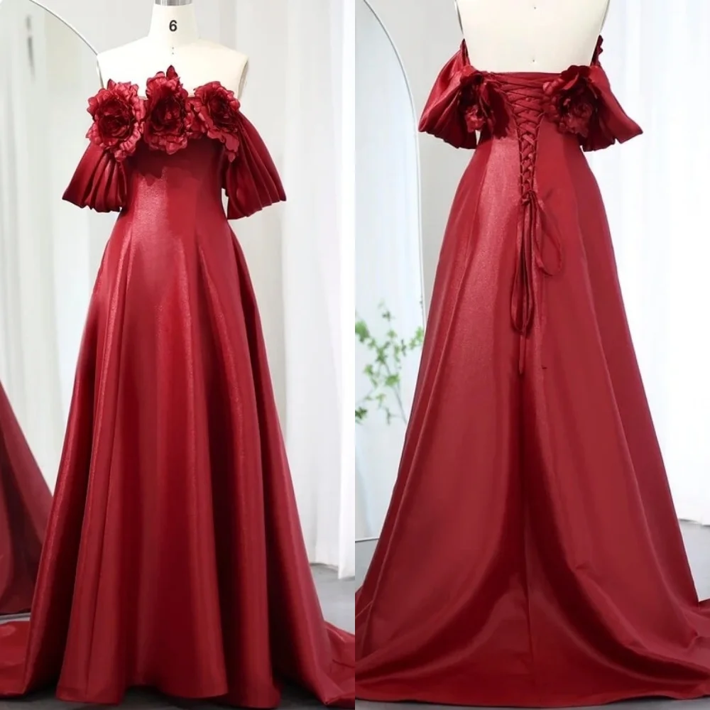 

Customized Exquisite Burgundy Satin Evening Dress Temperament Boat Neck Off the Shoulder Lace Up Back Flowers Cocktail Dress