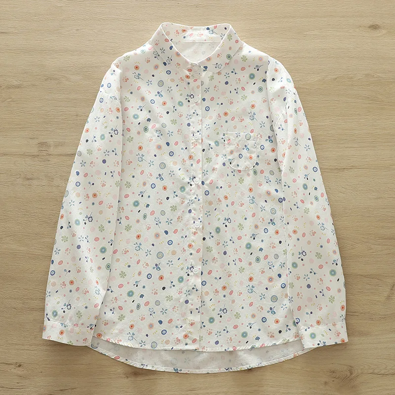 Autumn Cotton Shirts Women Round Collar Rabbit Printing Tops Button Up Long Sleeve Loose Casual Blouses Spring New 2023 T37951JC