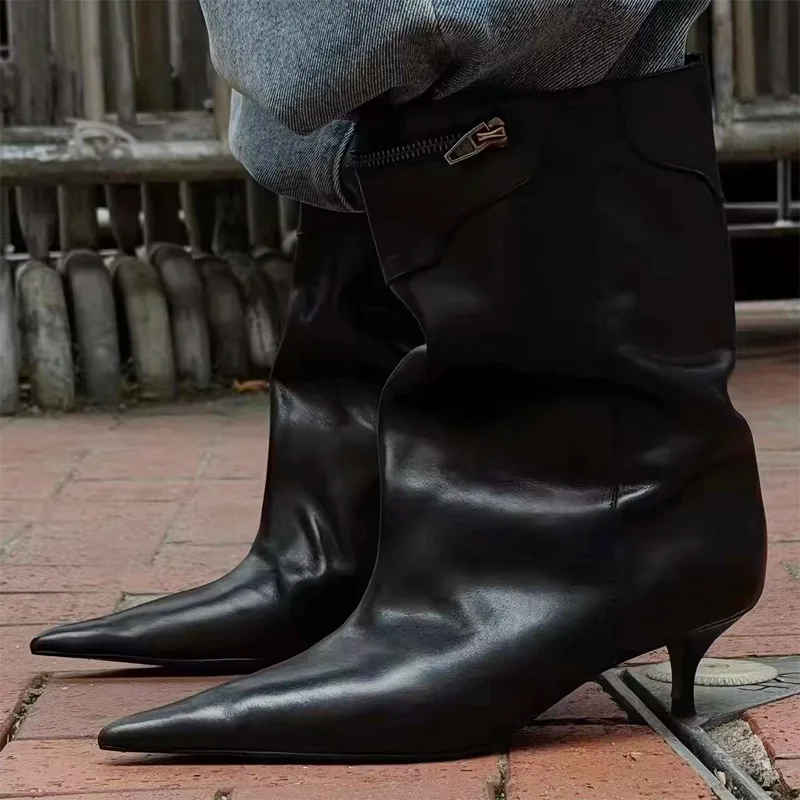 Herbst und Winter Neuer Stil Spitze Stiefeletten mit Reißverschluss, Modische Elegante Stiletto-Stiefel mit Mittelhohem Schaft