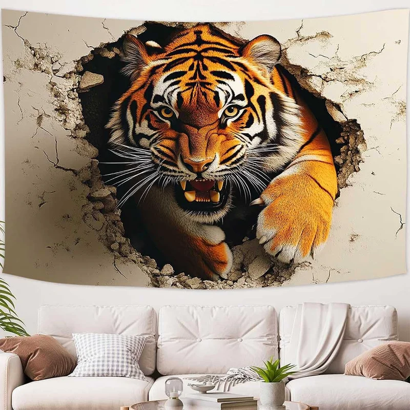 VIKAMA Tiger Wall Tapestry 3D Effect Orange Tiger Breaking Through Cracked Wall Animal Wall Hanging Wall Art Living Room Decor