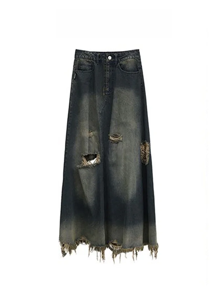 

Retro Torn Denim Skirt Women's Spring Summer Design Heavyweight Waed A-Line Long Skirt High Waist Commute Sle