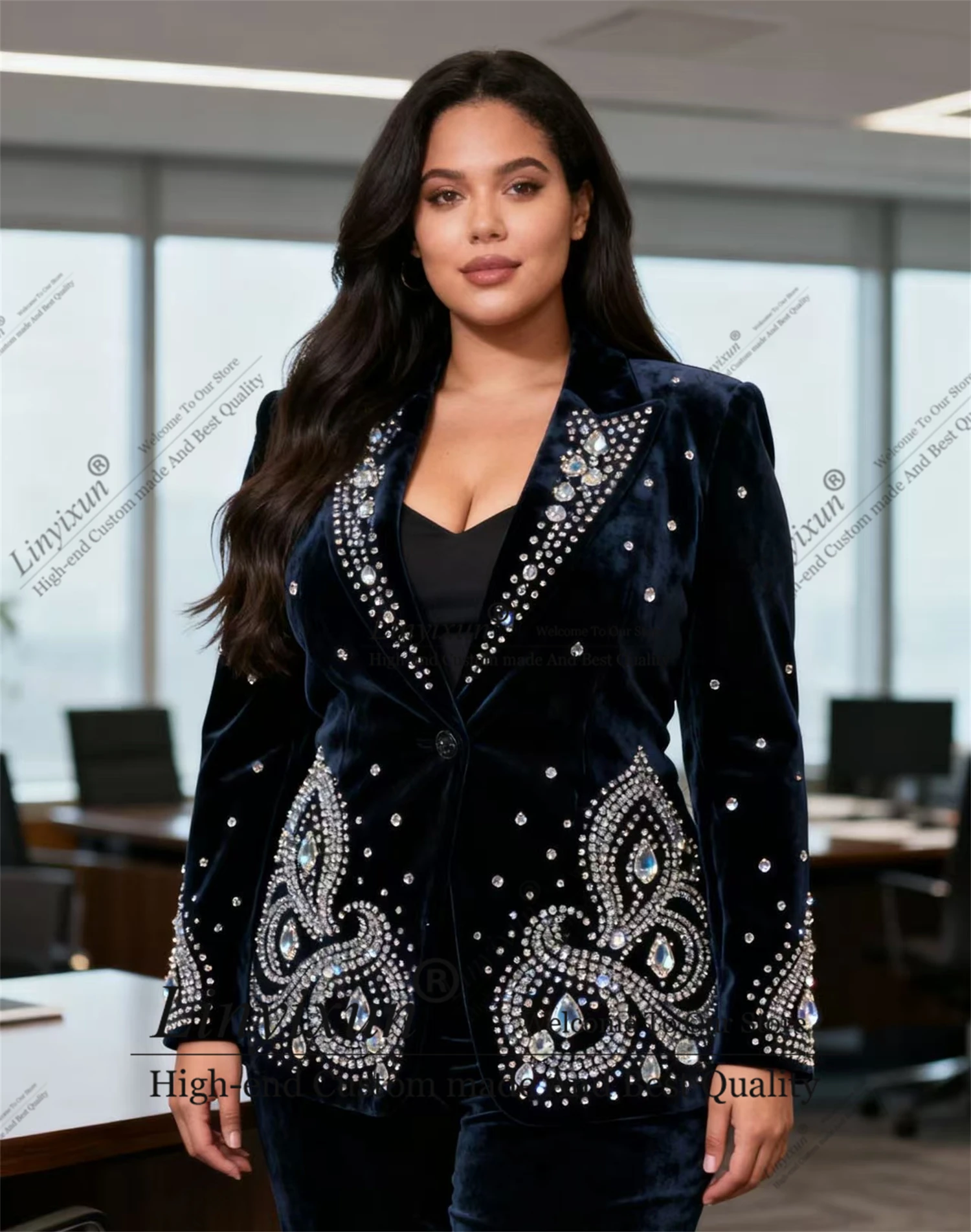 Business leisure Diamonds Rhinestones Customized Women's Suit 2 Pieces пиджак женски Slim Womens Clothing Pant