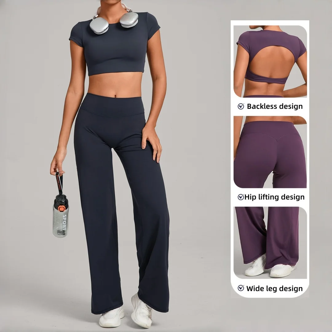 

Костюм для йоги с высокой талией и подъемом бедер, спортивный костюм для фитнеса, быстросохнущие прямые брюки с открытой спиной, одежда для тренировок, спортивная одежда для спортзала