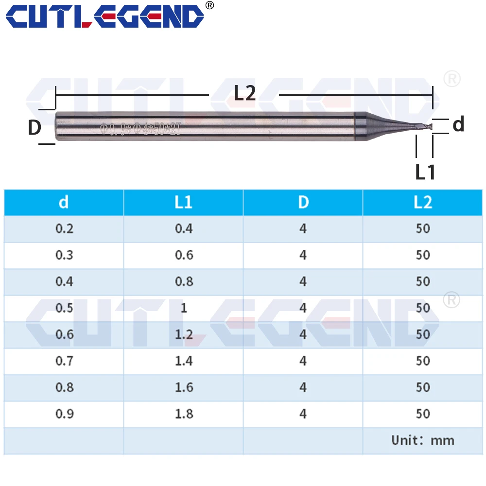 CNC工作機械,丸型,高品質,タングステンカーバイド,0.2〜0.9mmのミニフライス盤,2フルート,4mm,hrc60