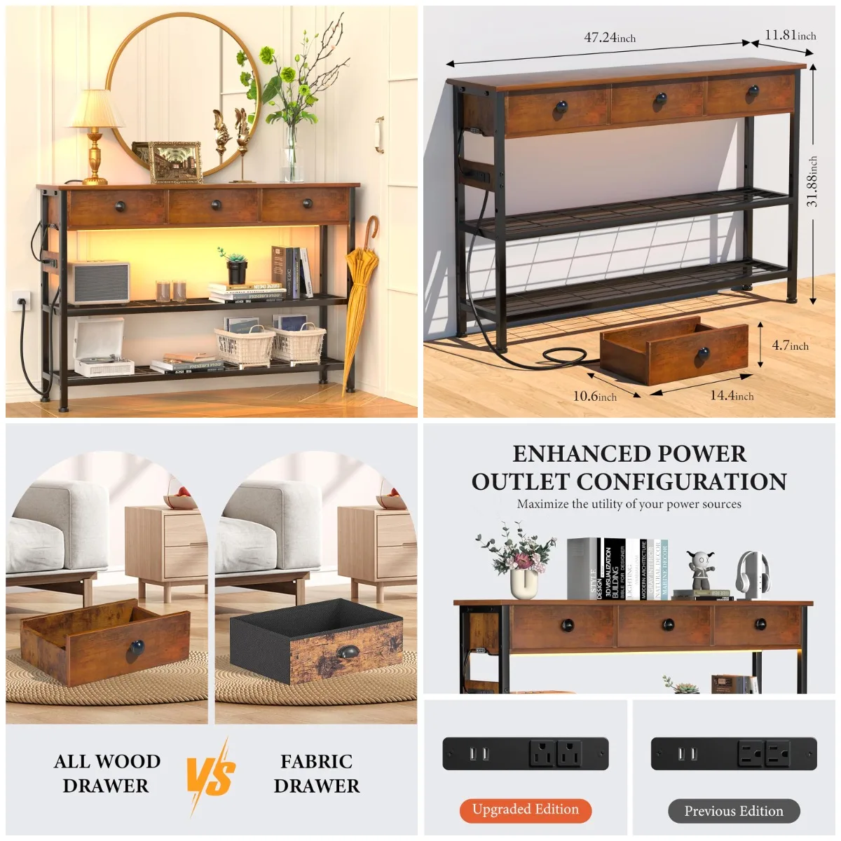 

'47' Narrow Console Table with Storage, 3 Drawers, USB Ports & LED Strip, Hallway Entryway TV Stand