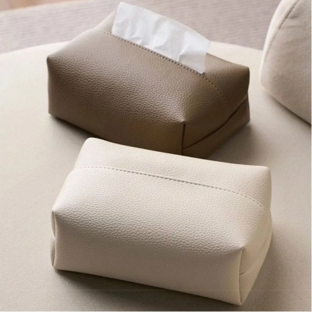 Artificial Leather Tissue Box Desktop Decoration Square Design Napkin Holder Solid Color Dustproof Tissue Paper Storage Bag