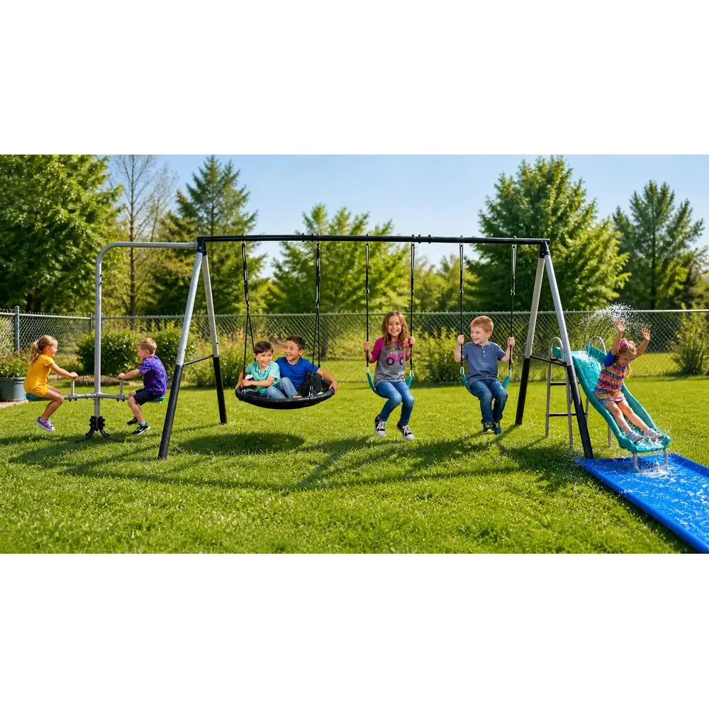 

Water Slide Swing Set with 6 Ft Water Tarp, Disc Swing, 2 Sling Swings, 3Seat Merry Go Round with Adjustable Heavy Duty Ropes,