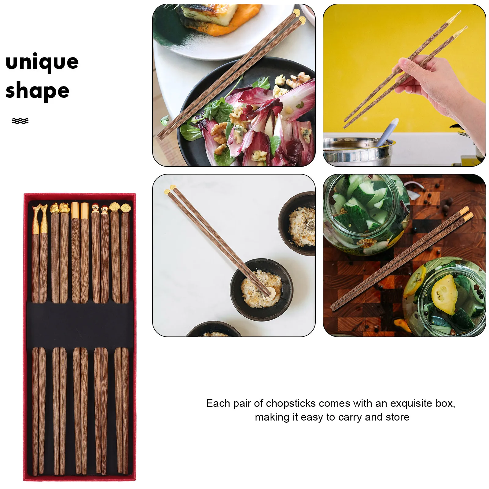 

5Pair Delicate Chopsticks Wooden Chinese Style Non Slip Easy Clean Practical for Various Foods Wooden Chopsticks Set