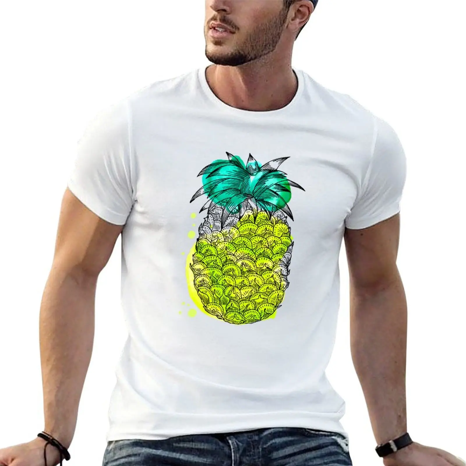 

shirts t man Juice pineapple. cotton t with shirt with tropical watercolour T-Shirt splash fruit drawn Hand prints