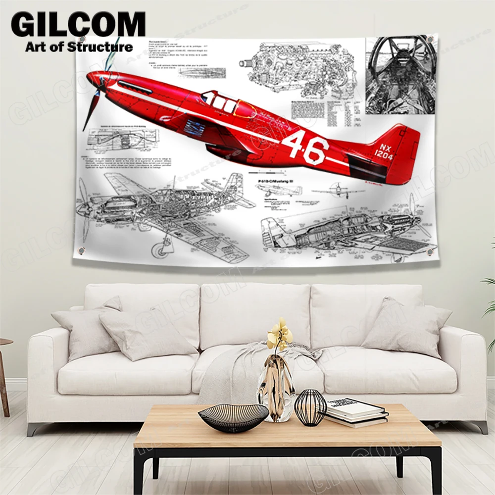 Mustang Fighter Structure Diagram Banner Flag Poster Pilot Machine Airplane Art Design Vintage Chart Garage Pub Club Bar Study