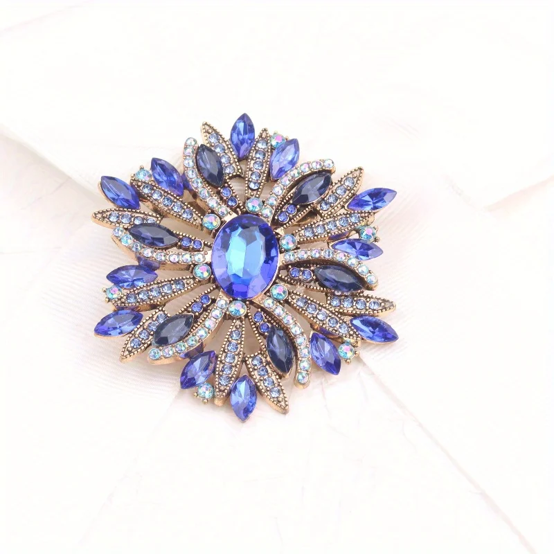 Regal Blue Sunburst Brooch, Crystal & Metal Opulent Elegant Fashion Accessory