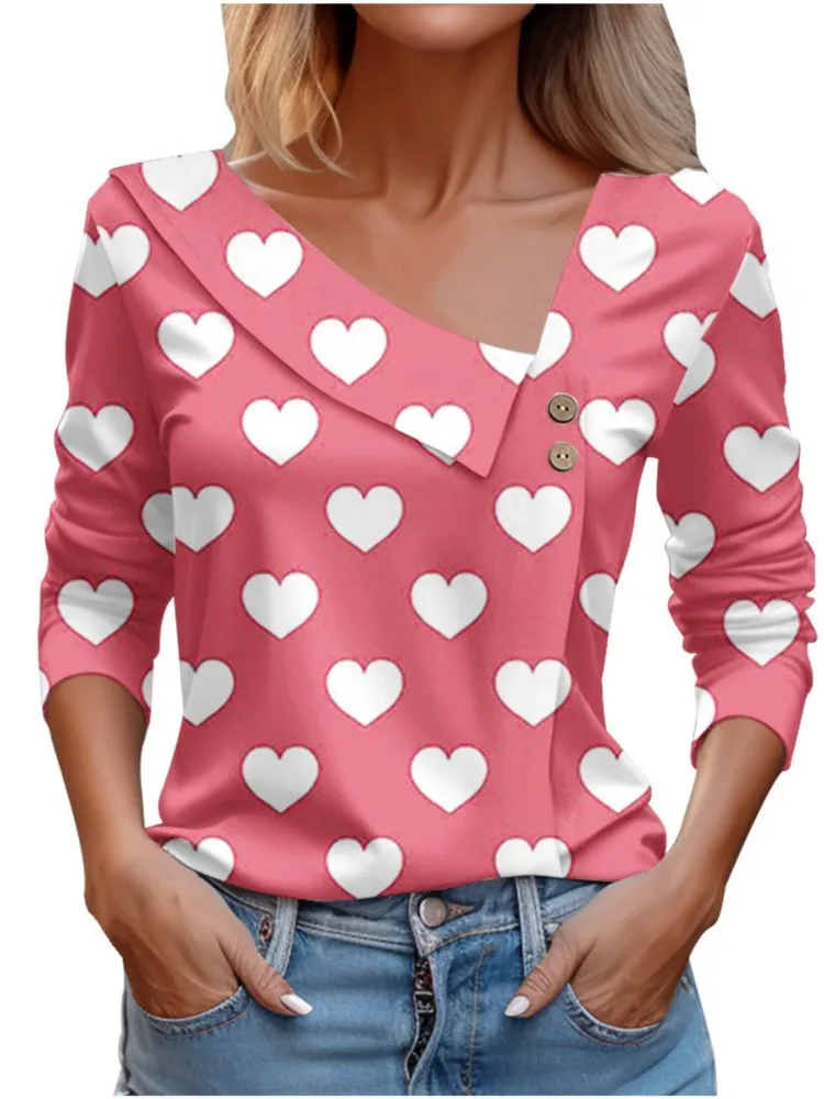 

T Shirt For Women Heart Print Pulovers Fashion Y2k Long Sleeve Tops Casual Shirts And Blouses Autumn Youthful Woman Clothes 2023