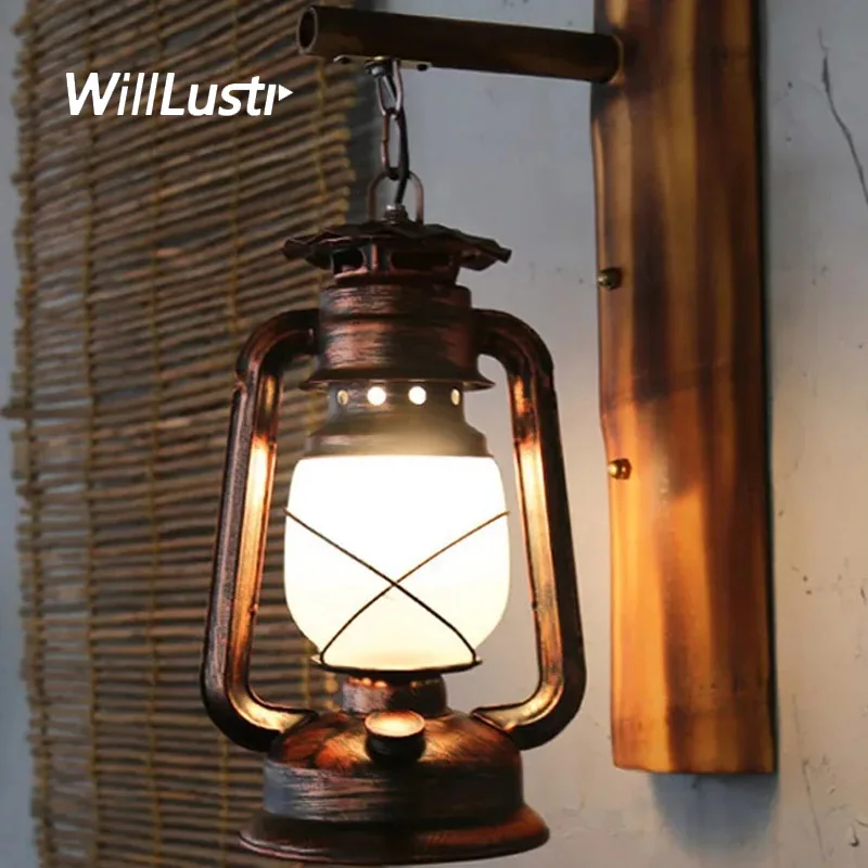 

Metal Wall Lamp Nostalgic Barn Lantern Bamboo Glass Sconce Bar Cafe Corridor Stairway Parlor Balcony Loft Antique Lighting