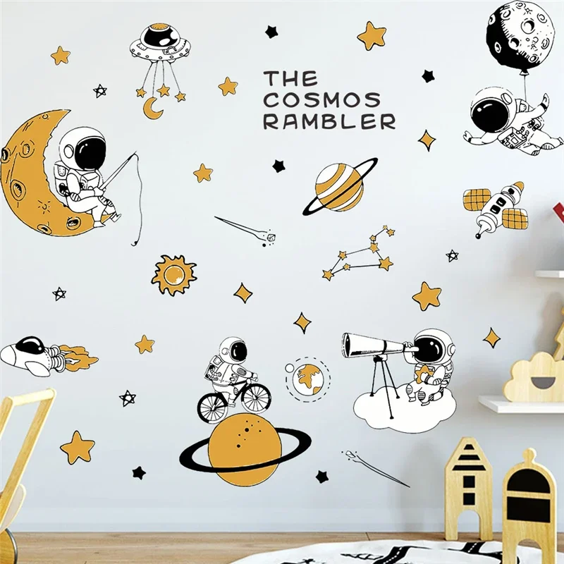 Cartoon Astronaut Cosmos Rambler Wall Sticker For Kids Bedroom Home Decoration Planet Star Mural Art Pvc Decals Space Poster
