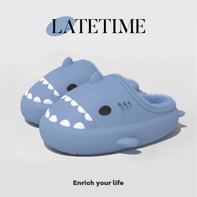 Comwarm Winter Shark Slippers For Women Men Indoor Warm Cartoon Plush Cotton Shoes New Adults Kids Waterproof Furry Shark Shoes