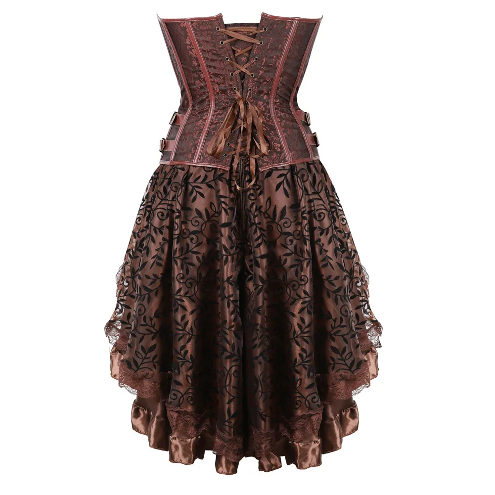 Steampunk Corset Bustier Dresses Skirt Set Burlesque Basques Women Plus Size Vintage Lingerie Pirate Brown