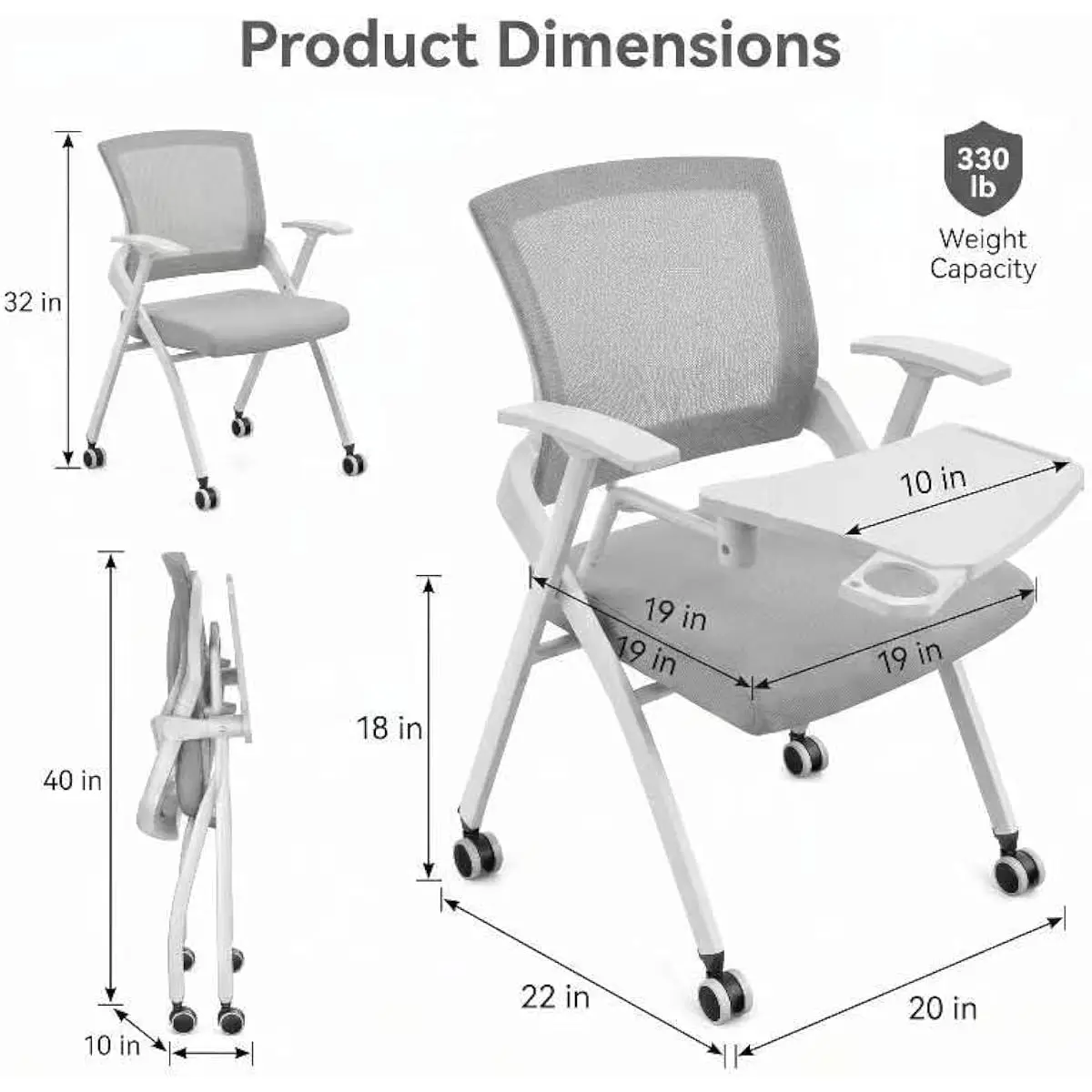 Foldable Conference Seat with Rotating Writing Surface and Integrated Beverage Holder – Lightweight Metal Frame with Breathable