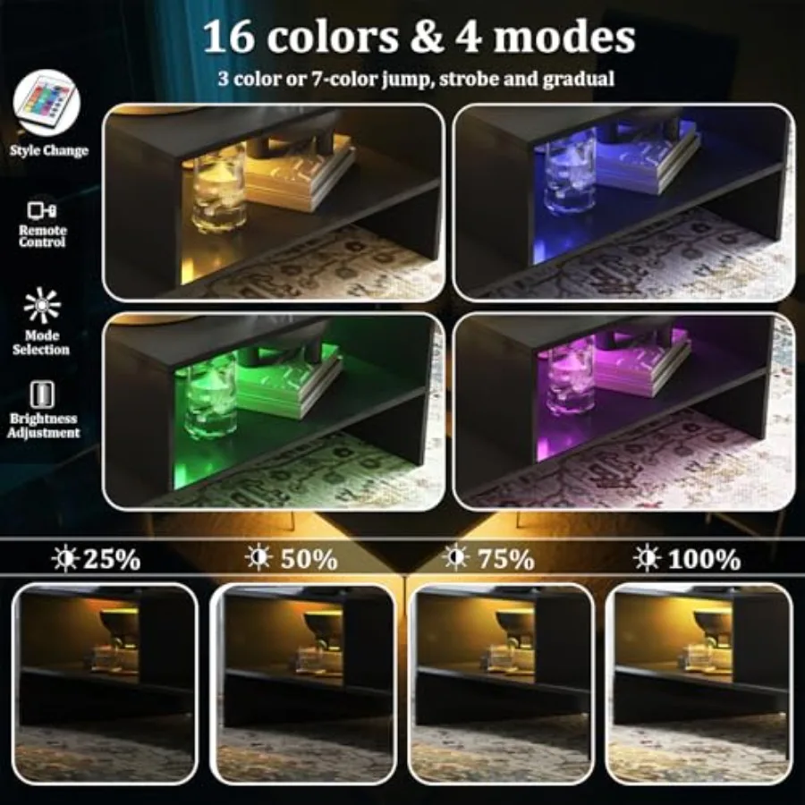 طاولة القهوة السوداء لغرفة المعيشة مع LED 35x22x16 بوصة طاولة القهوة الحد الأدنى طاولة مركزية ذكية 2 طبقة مستطيل صناعي Co