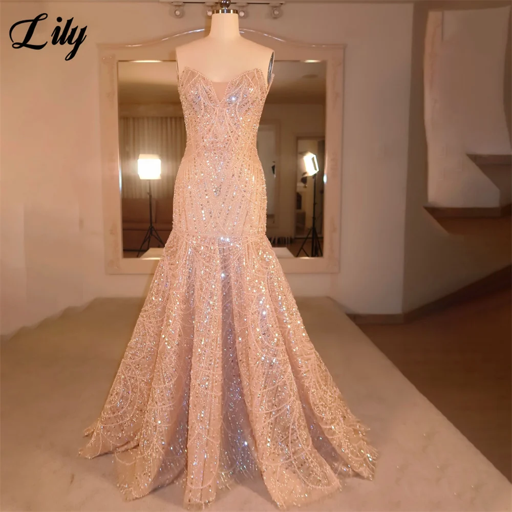 Lily Light Pink Party Dress Sweetheart Evening Dress Fishtail Sweep Train Formal Gown Full Crystal Beaded Prom Gown Customized