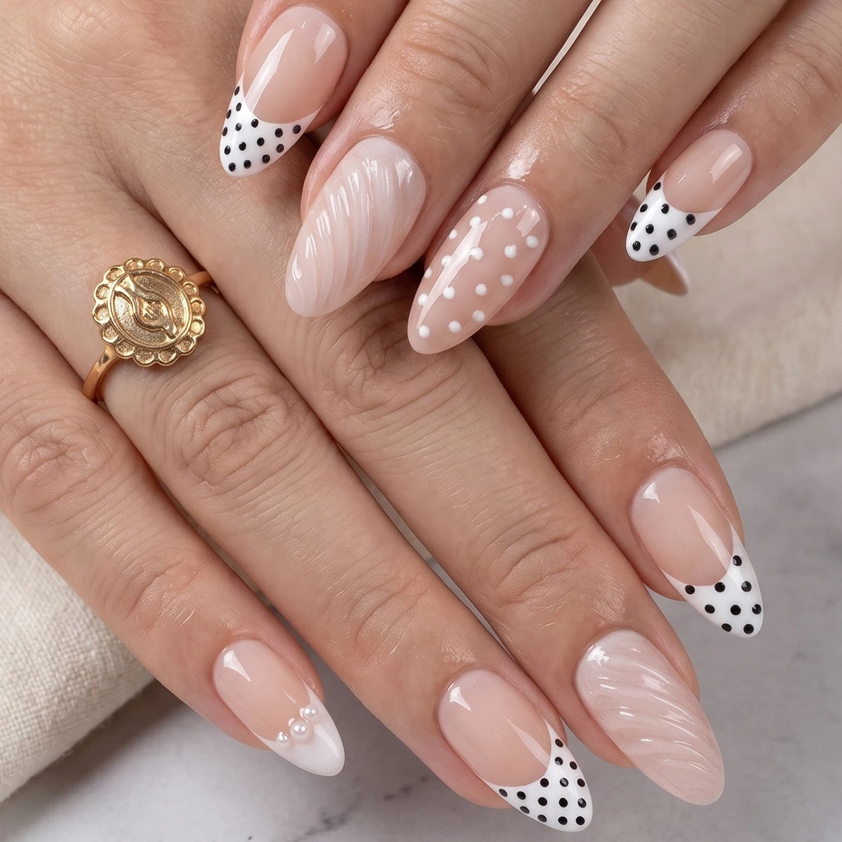 24Pcs Medium Almond Press On Nails, Nude Base With Black White Polka Dot French & 3D Water Ripple Texture Design, Complete False