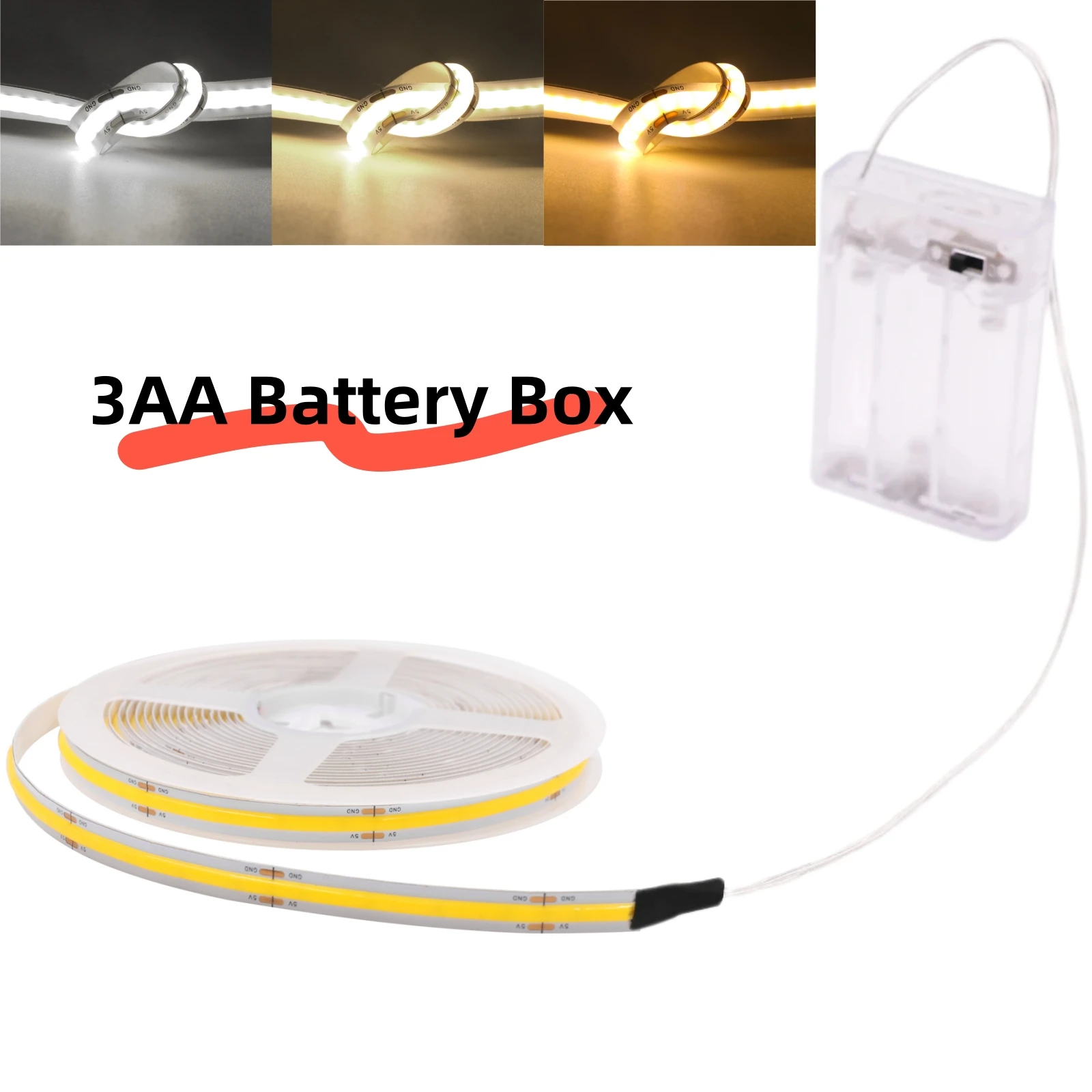 3AA Battery Box 5V COB Led Strip 8MM 320LEDs/M Warm Natural Cool White Flexible COB Strip Light for Bedroom Cabinet TV Backlight