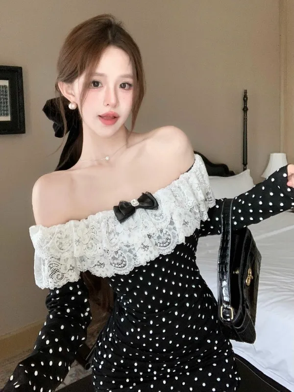 

Elegant Polka Dot Knot Print Dress Women's Lace Trim Waist Cinched One Shoulder T-Shirt Bodycon Short Skirt