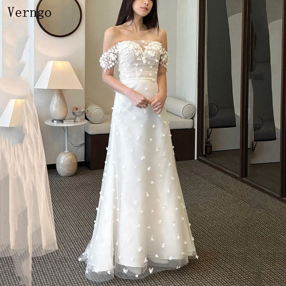 

Verngo lvory Appliques Korea Wedding Party Dress 3D Flowers Floor Length Elegant Bridal Gowns Classic Bride Dress Customized