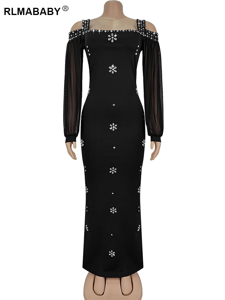 RLMABABY elegante diamante cuello cuadrado hombro recortado mujeres fiesta vestido largo ajustado Sexy Club negro vaina Maxi vestido