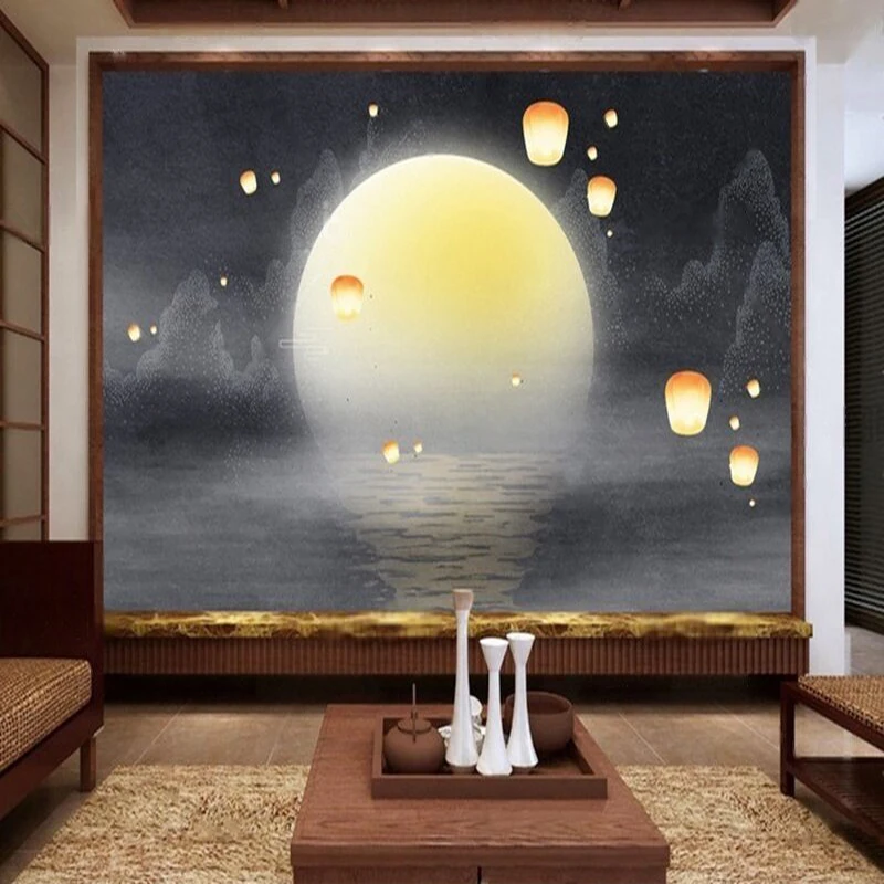 New Chinese-Style Exquisite Artistic Conception Of A Full Moon Reflection Over Mountains With Kongming Lanterns And Decorative