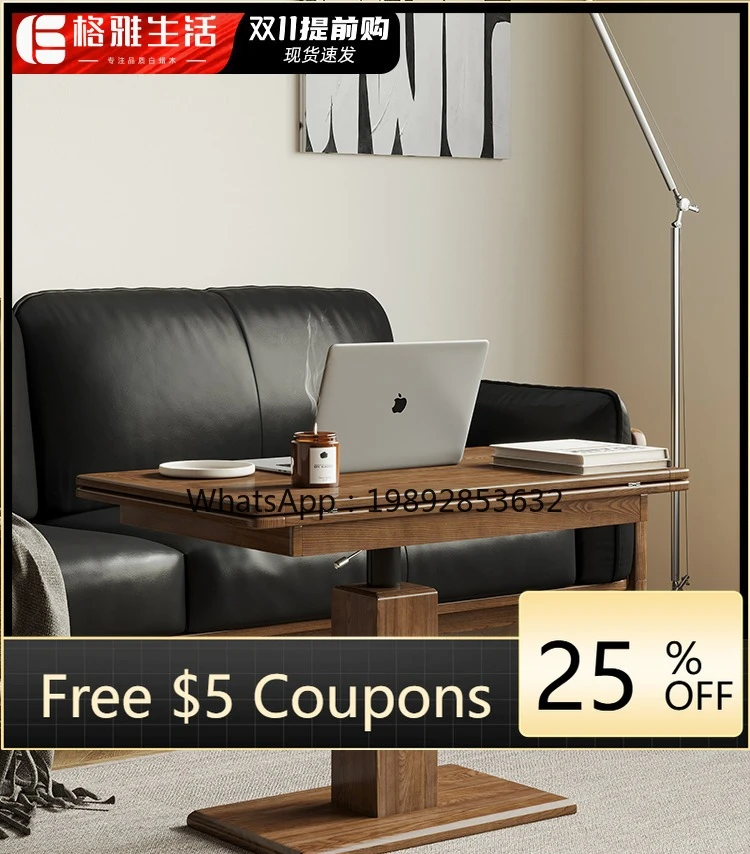 

LYY Solid Wood Coffee Table, Adjustable Height, Movable, Multifunctional, Ash Wood, Black Walnut Color, Room, Dining