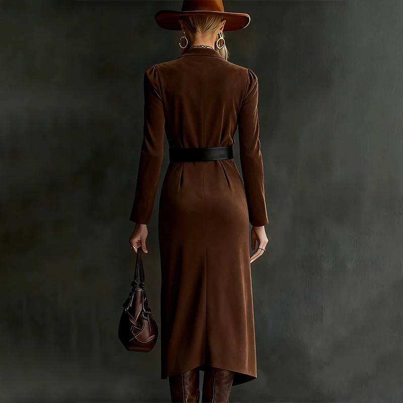 秋冬レディース長袖フェイクスエードVネックドレスセクシーなスリットヘムボディコンウエスタンカウガールマキシドレスストリートウェアベルト付き