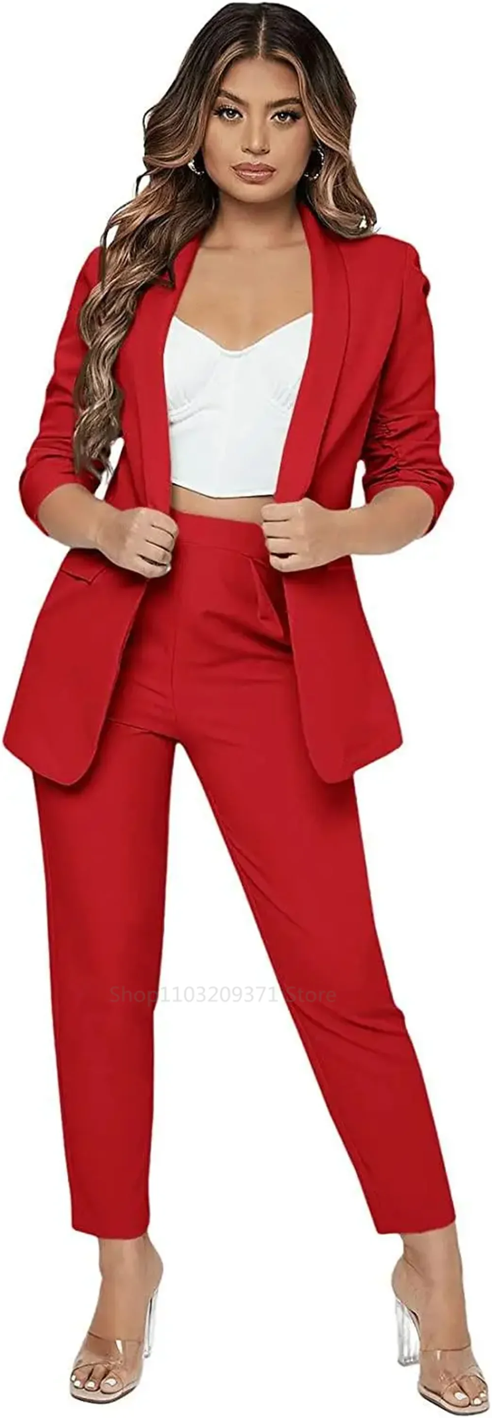 Vestito da donna in tinta unita 2 pezzi solido manica arricciata Business Plus Size abito da ufficio per lo Shopping Set da lavoro Blazer e pantaloni