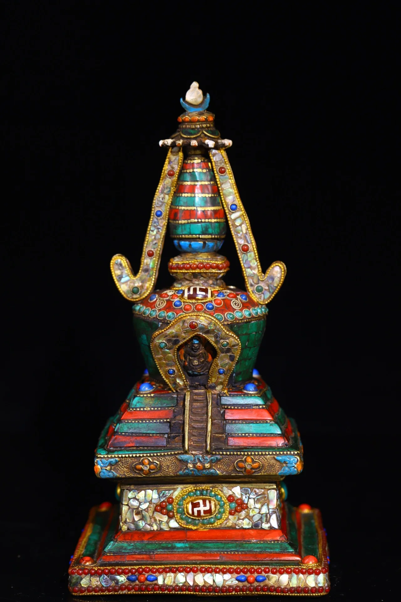 

10"Tibetan Temple Collectio Old Bronze Mosaic Gem Turquoise gZi Beads Shell Pagoda Stupa Buddhist shrine Worship Hall Town house