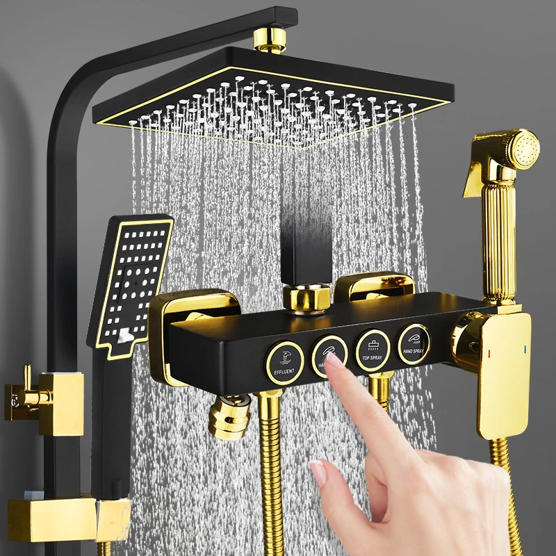 

Square Bathroom Shower System Senducs Black Gold Bathtub Mixer Faucet Hot Cold Bathroom Tap Thermostatic Shower Set