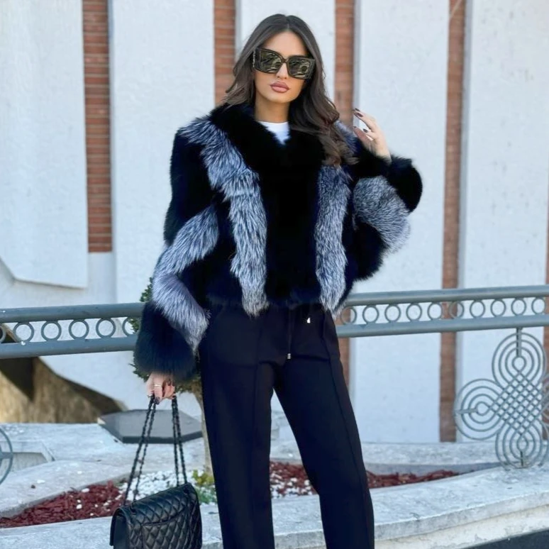 Womens Real Fox Fur Coat Winter Thick Natural Fur Overcoat Fashion Splicing Color Genuine Fox Fur Jacket Female Real Fur Outwear