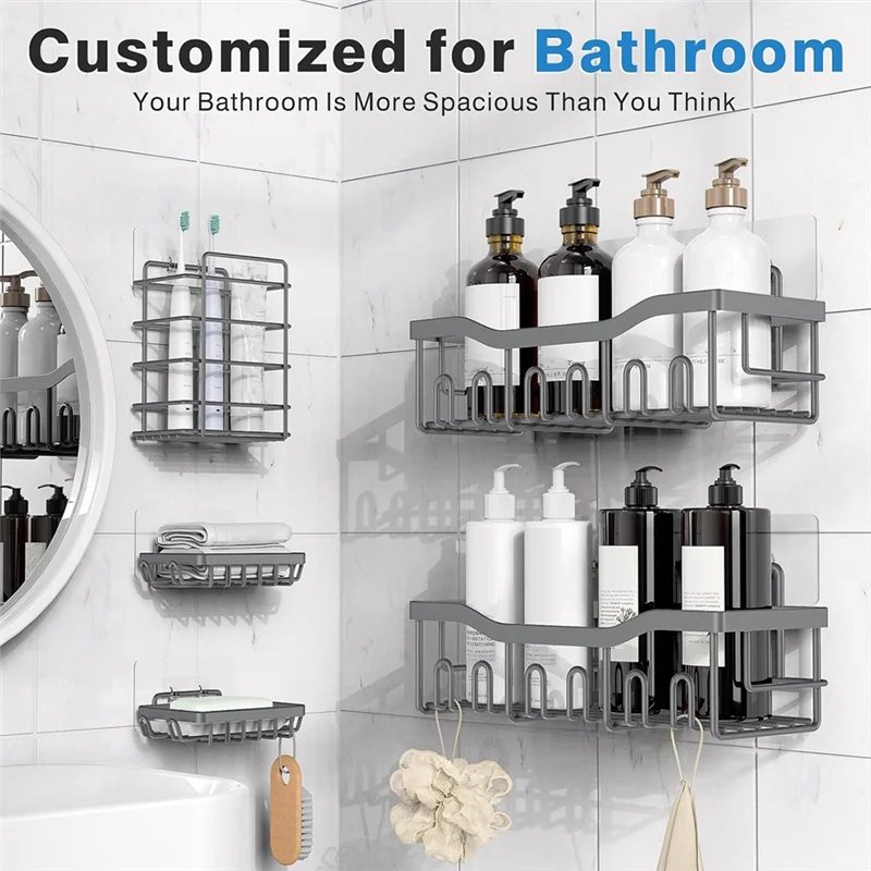 

【Hot Selling】Shower 5 Pack, Rustproof Stainless Steel, No Drilling, Large Capacity, Ideal For Bathroom & Kitchen Storage