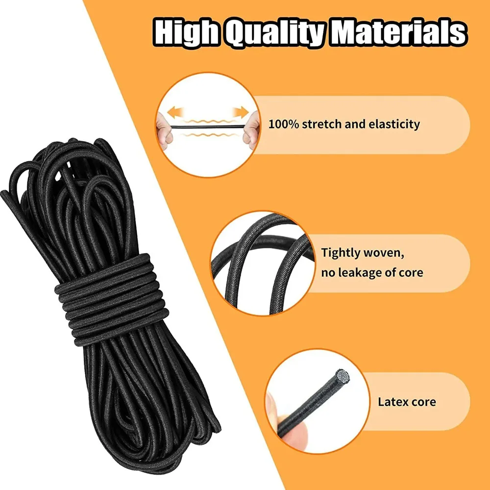 Schwarzes, starkes, elastisches Bungee-Seil, dehnbare Schnur, Marine-Qualität, Planen-Spanngurte für Camping, Anhänger, Schuhbänder – Detail 4