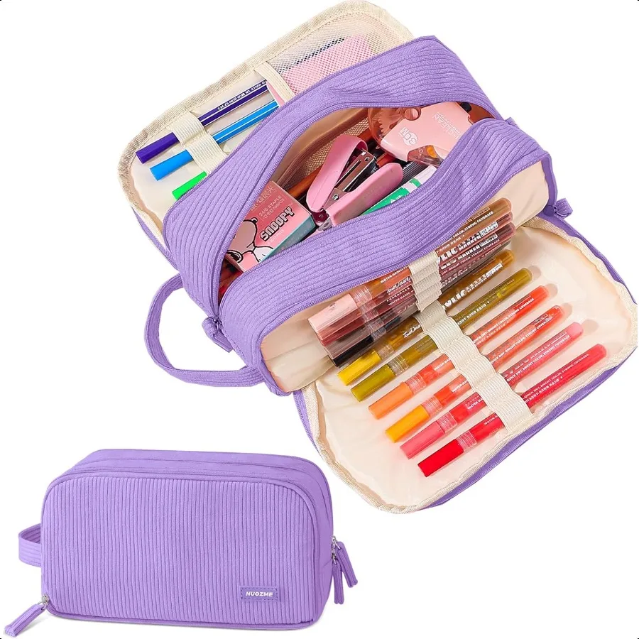 Estuche para lápices con 3 compartimentos, capacidad Extra grande, estuche para lápices escolares con asa fácil, estuche para lápices de pana suave, pl estético