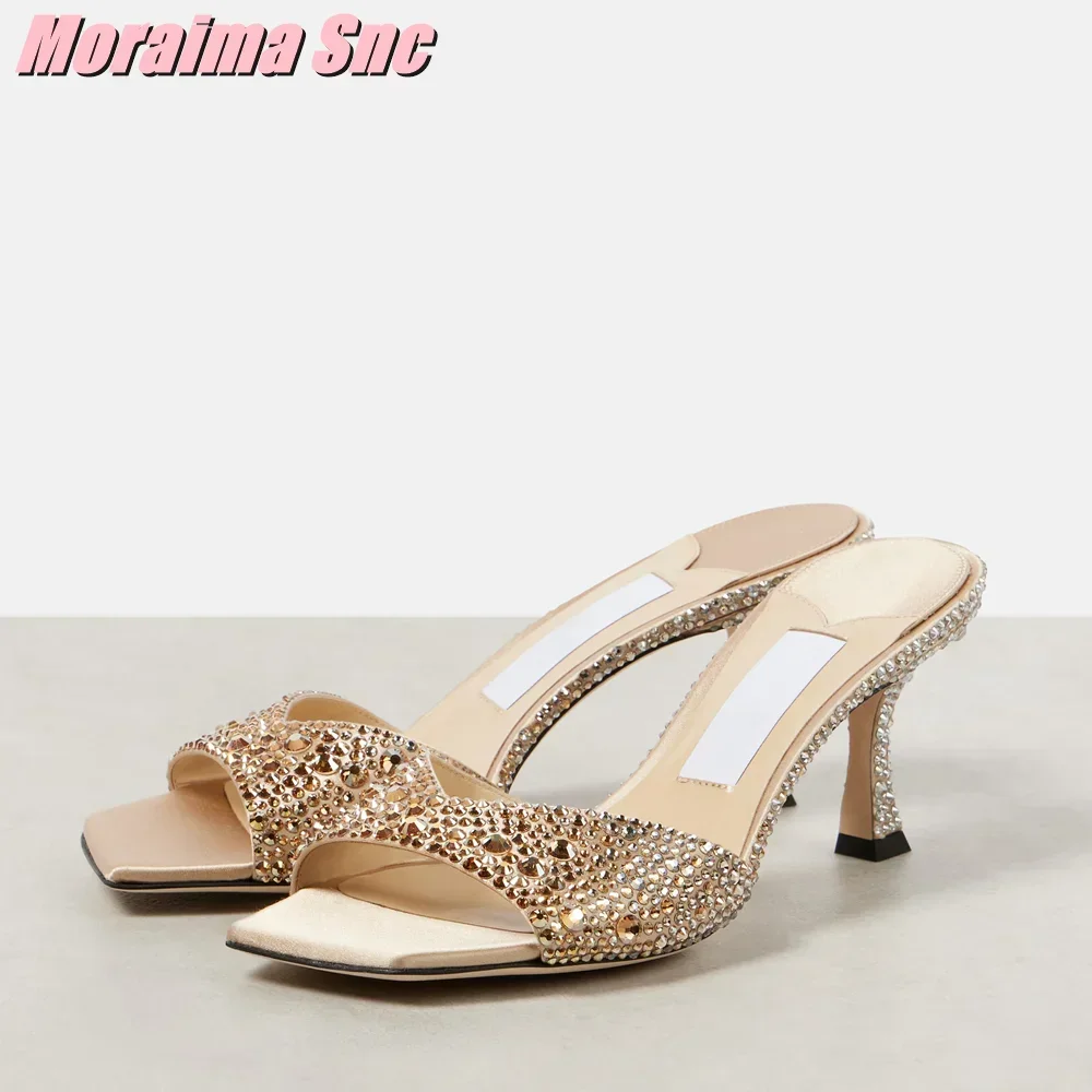 Crystal-embellished Satin Mules Square Toe Stiletto High Heel Slip On Sexy Fashion Women\'s Summer Slides Shoes Outdoor
