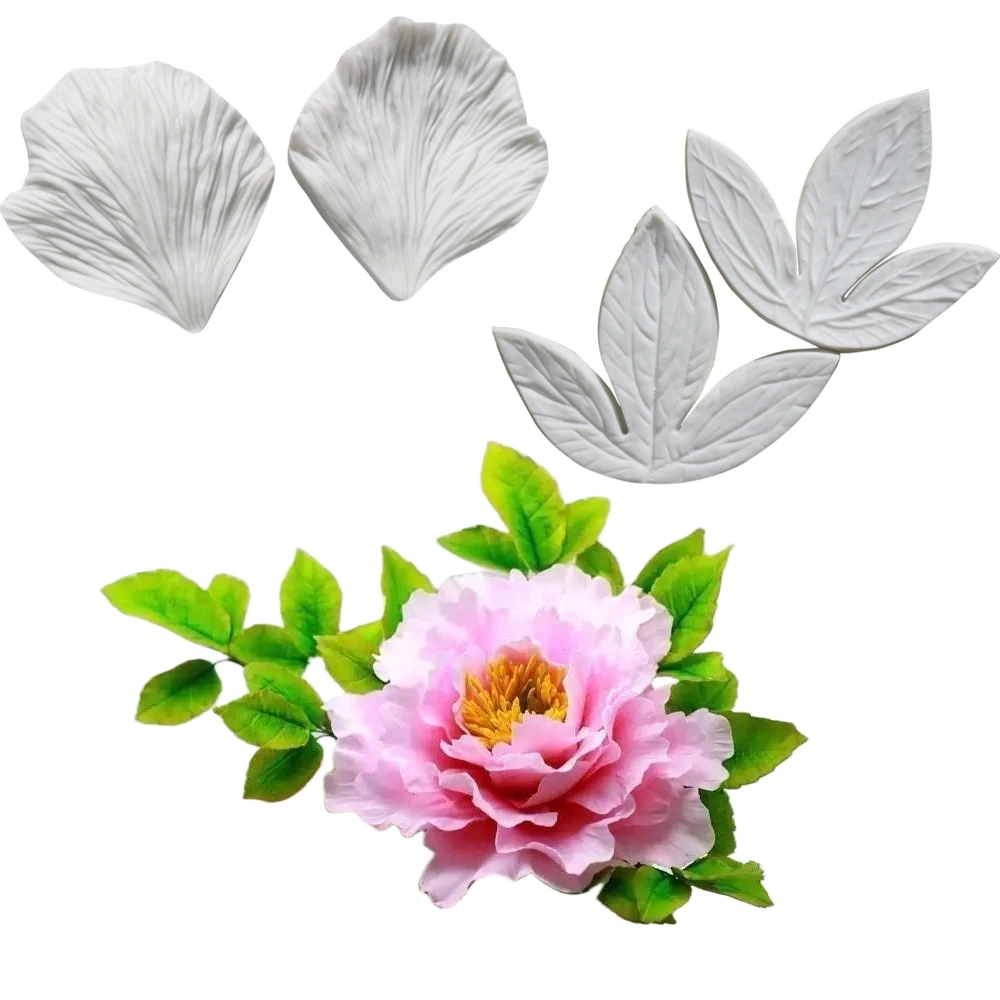 2PCS Large Peony Flower Leaves Veiners &Cutters Silicone Molds Chocolate Sugar Paper Clay Stampi Silicone Cake Decorating Tools