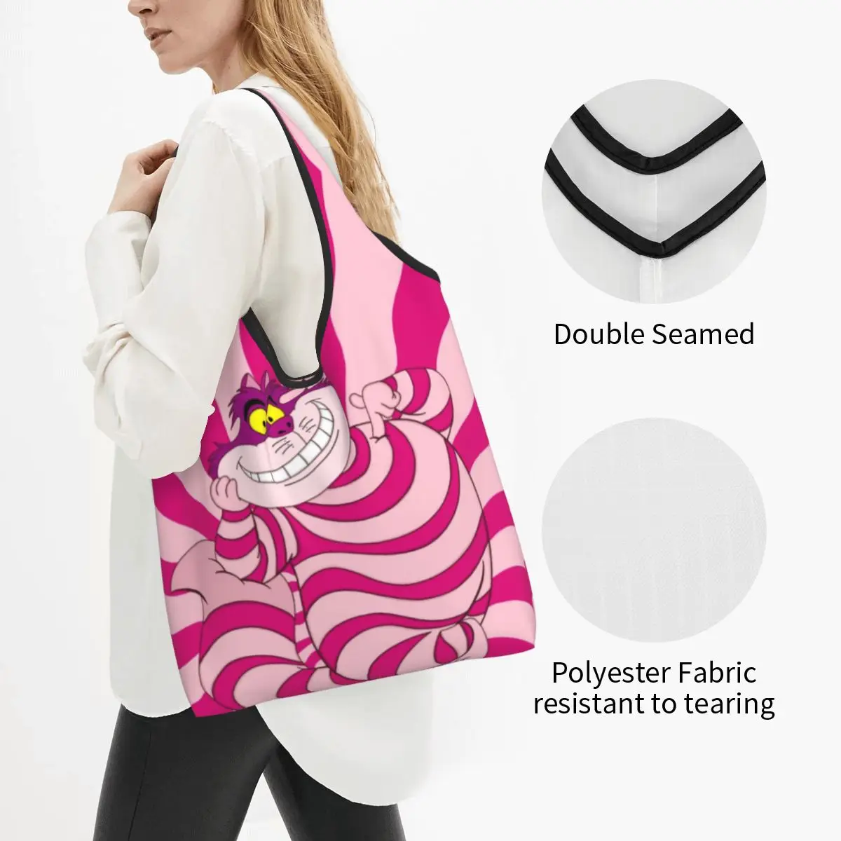 Custom Funny Trippy Striped Cat Shopping Tote Bag Portable Cheshire Cat Cartoon Groceries Shoulder Shopper Bag