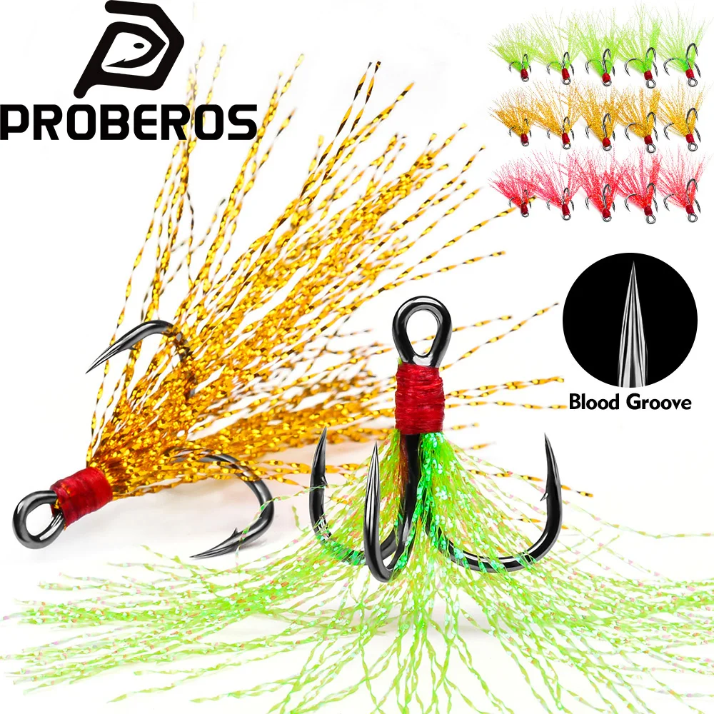 PROBEROS 20 Stück/Box Angelhaken Dreifachhaken aus Hochkarbon-Stahl mit Buntem Fuchshaar Dreifachhaken mit Band Angelzubehör